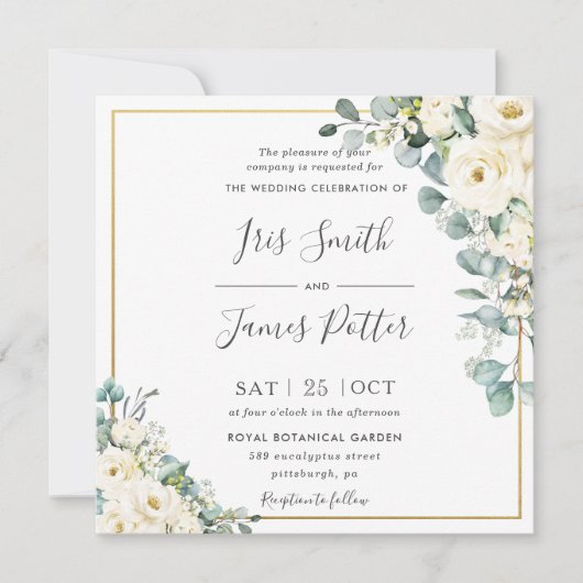 アイボリー素朴ホワイトフローラユーカリ金ゴールド結婚ズ 招待状 (正面)