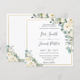 アイボリー素朴ホワイトフローラユーカリ金ゴールド結婚ズ 招待状