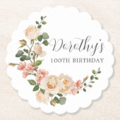 アイボリー素朴ホワイトフローラ100th誕生日パーティー ペーパーコースター (正面)