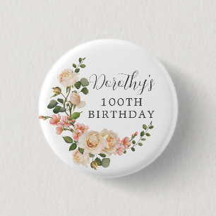 アイボリー素朴ホワイトフローラ100th誕生日パーティー 缶バッジ