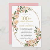 アイボリー素朴ホワイトローズ100thバースデーパーティー 招待状 (正面/裏面)