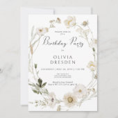 アイボリー素朴ワイルドフラワーリース誕生日パーティー 招待状 (正面)