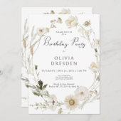 アイボリー素朴ワイルドフラワーリース誕生日パーティー 招待状 (正面/裏面)