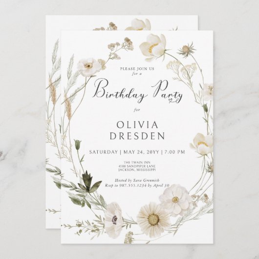 アイボリー素朴ワイルドフラワーリース誕生日パーティー 招待状 (正面/裏面)