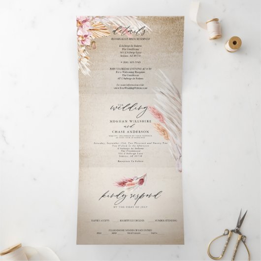 アイボリー素朴赤面パンパスグラスヴィンテージトリフォールド 三つ折り招待状 (内部)