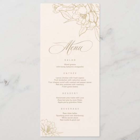 アイボリー結婚のメニューカード、金ゴールドフローラ牡丹 プログラム (正面)