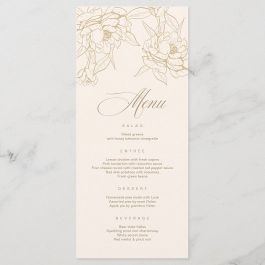 アイボリー結婚のメニューカード、金ゴールドフローラPeony プログラム (正面)