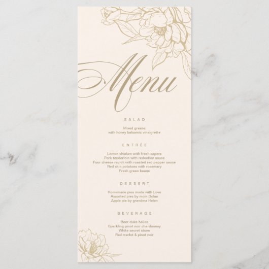 アイボリー結婚のメニューカード、金ゴールドフローラPeony プログラム (正面)