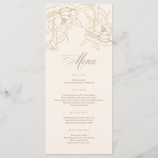 アイボリー結婚のメニューカード、金ゴールドフローラPeony プログラム (正面)