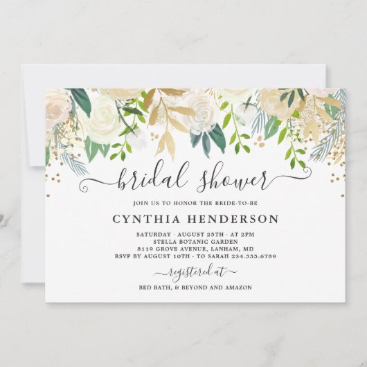 アイボリー緑化金ゴールド開花フローラブライダルシャワー 招待状 (正面)