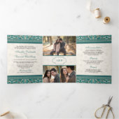 アイボリー縁どティール（緑がかった色）すべて一つのインディアン結婚の 三つ折り招待状 (内部)