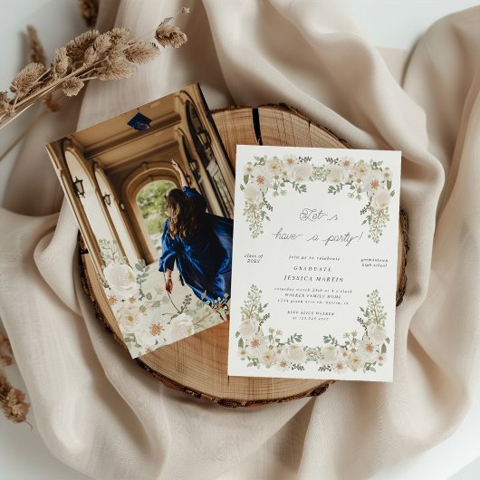 アイボリー縁どフローラ写真卒業パーティー招待状 招待状