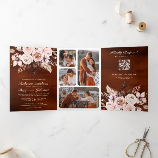 アイボリー自然フローラQRコードテラコッタ結婚ズ 三つ折り招待状 (内部)