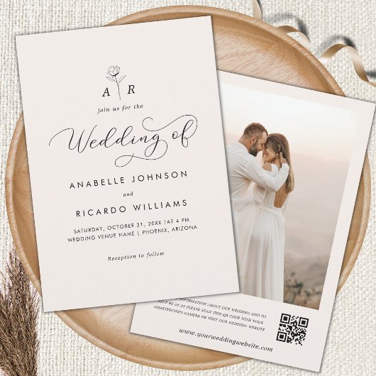 アイボリー花モノグラムスクリプトフォトQRコー結婚ド 招待状