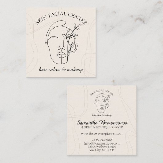 アイボリー花化粧ウーマン顔美容師フェイシャル スクエア名刺 (正面/裏面)