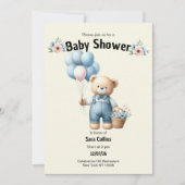 アイボリー茶色のテディベア風船花ベビーシャワー 招待状 (正面)