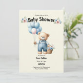 アイボリー茶色のテディベア風船花ベビーシャワー 招待状 (スタンド正面)