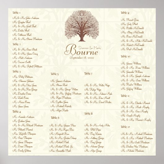 アイボリー茶色の渦巻き鳥の木と鳥の座12テーブル ポスター (正面)