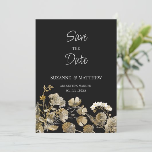 アイボリー茶色の黒い野生の花の冬の日付を保存 招待状 (スタンド正面)