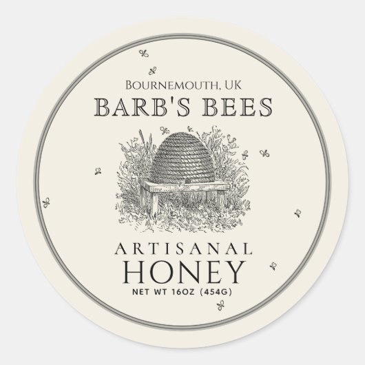 アイボリー蜂蜜ラベルヴィンテージ串と蜂 ラウンドシール (正面)