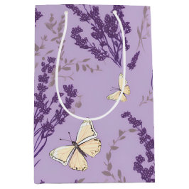 アイボリー蝶とラベンダーの花 ミディアムペーパーバッグ