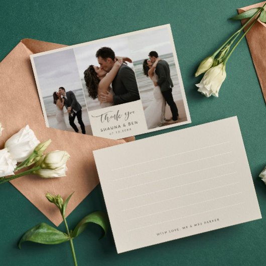 アイボリー裏返し3フォトコラージュ結婚の感謝 サンキューカード