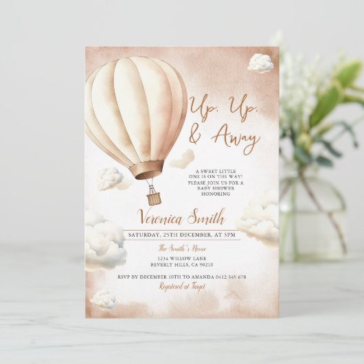 アイボリー赤ちゃんシャワー熱気球アップ遠くにと 招待状 (スタンド正面)