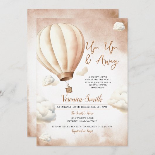 アイボリー赤ちゃんシャワー熱気球アップ遠くにと 招待状 (正面/裏面)