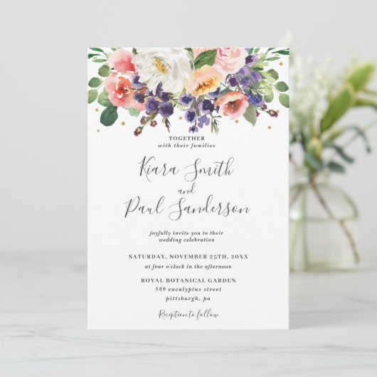 アイボリー赤面パープルピーチフローラグリ結婚ーネリーズ 招待状 (スタンド正面)