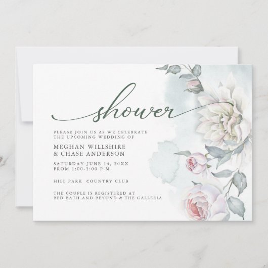 アイボリー赤面ピンクコテージフラワーシャワー 招待状 (正面)
