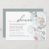 アイボリー赤面ピンクコテージフラワーシャワー 招待状 (正面/裏面)