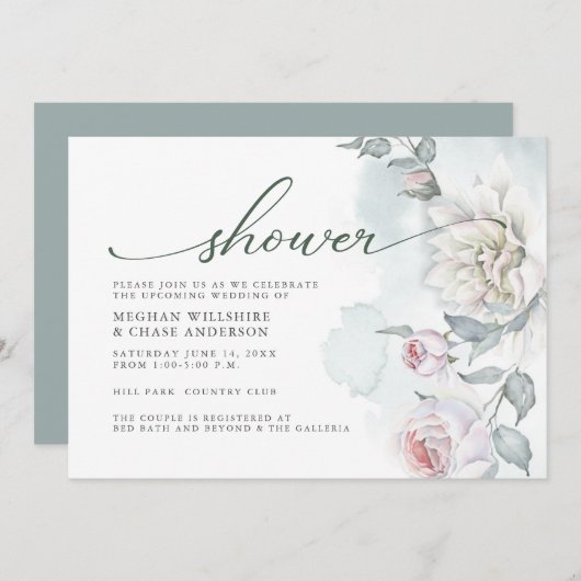 アイボリー赤面ピンクコテージフラワーシャワー 招待状 (正面/裏面)