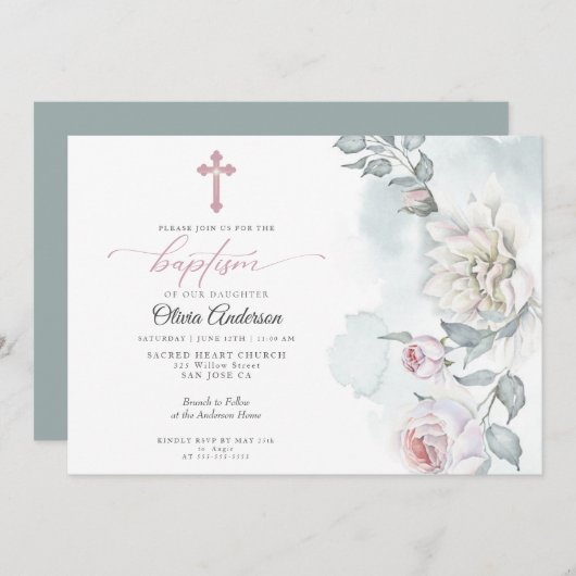 アイボリー赤面ピンクコテージフラワーズバプテスマ 招待状 (正面/裏面)