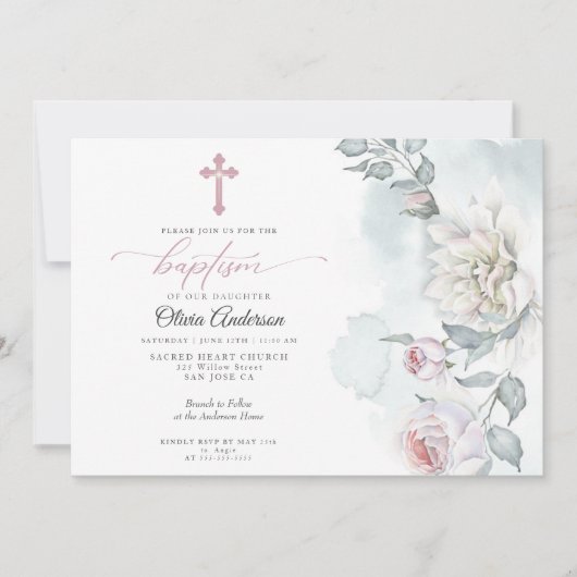アイボリー赤面ピンクコテージ花洗礼式 招待状 (正面)