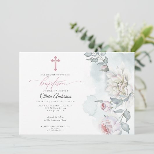 アイボリー赤面ピンクコテージ花洗礼式 招待状 (スタンド正面)