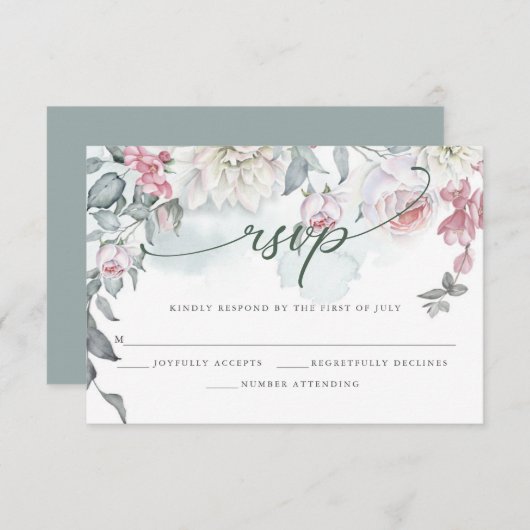 アイボリー赤面ピンクコテージ花RSVPカード 出欠カード (正面/裏面)