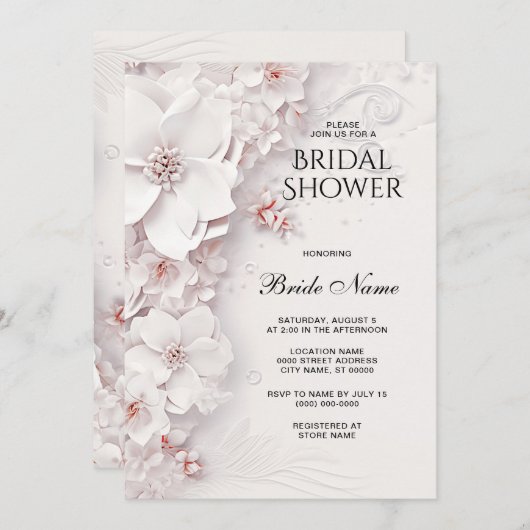 アイボリー赤面ピンクフローラブライダルシャワー 招待状 (正面/裏面)