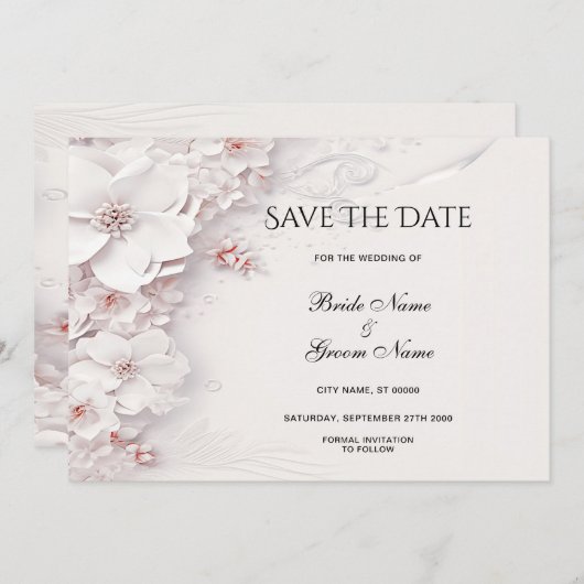 アイボリー赤面ピンクフローラ保存日付 セーブザデート (正面/裏面)