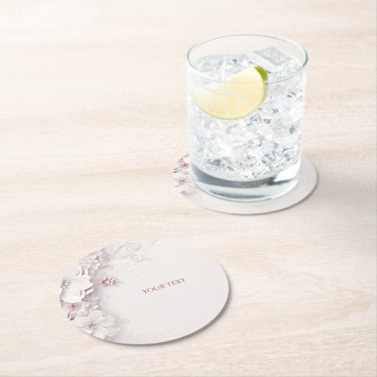 アイボリー赤面ピンクフローラ紙コースター ラウンドペーパーコースター (インサイチュ)