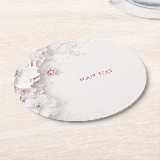アイボリー赤面ピンクフローラ紙コースター ラウンドペーパーコースター (アングル)