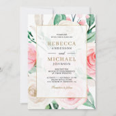 アイボリー赤面ピンクフローラ金ゴールドフレームQRコー結婚ド 招待状 (正面)