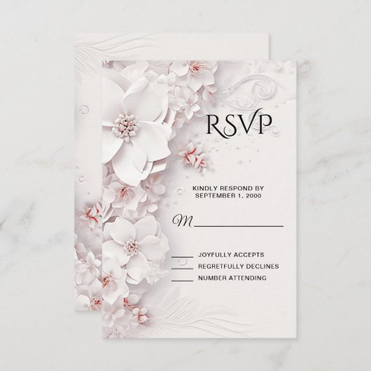 アイボリー赤面ピンクフローラRSVPカード 出欠カード (正面/裏面)