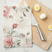 アイボリー赤面ピンクローズフローラ キッチンタオル (四つ折り)