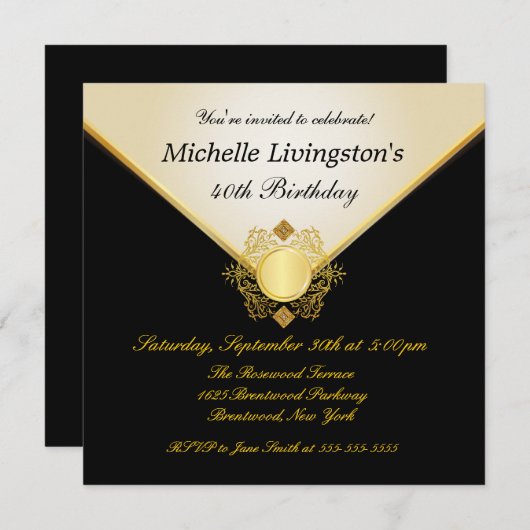 アイボリー金ゴールドかわいらし黒の女性の誕生日招待状 招待状 (正面/裏面)