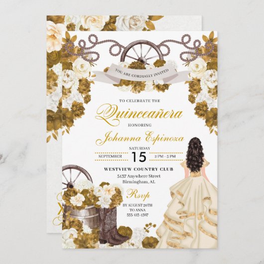 アイボリー金ゴールドウエスタンランチェロ女性のカーボーイキンセアニェラ 招待状