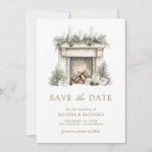 アイボリー金ゴールドクリスマス暖炉のボウフォト結婚ズ セーブザデート (正面)