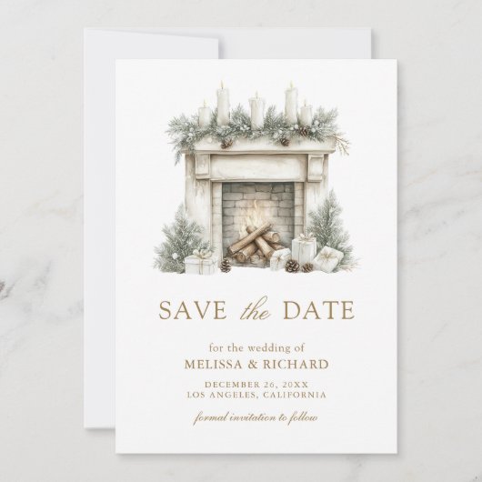 アイボリー金ゴールドクリスマス暖炉のボウフォト結婚ズ セーブザデート (正面)