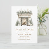アイボリー金ゴールドクリスマス暖炉のボウフォト結婚ズ セーブザデート (スタンド正面)