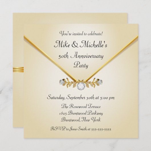 アイボリー金ゴールドダイアモンドブルッチ記念日招待状 招待状 (正面/裏面)