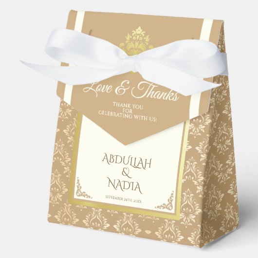 アイボリー金ゴールドダマスクエレガンスイスラム結婚教徒 フェイバーボックス (正面)